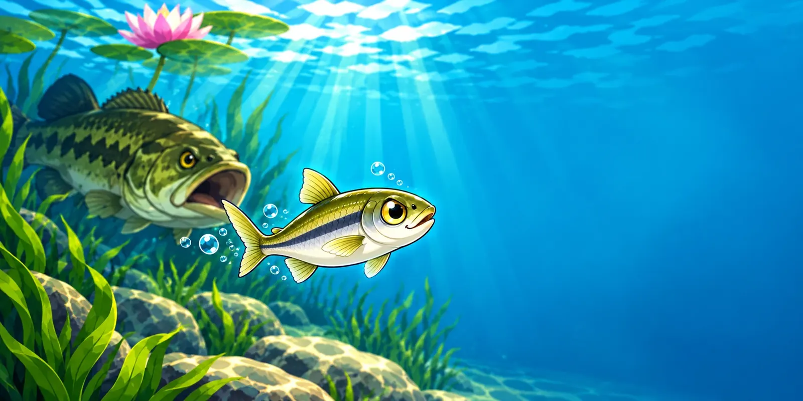 A cartoon minnow swims away from an open-mouthed bass through weeds, rocks and water lilies.