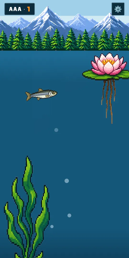 A daytime run: the minnow swims between a pink water lily trailing its roots from the surface and a tall stand of weeds, under snowy mountains and pines.