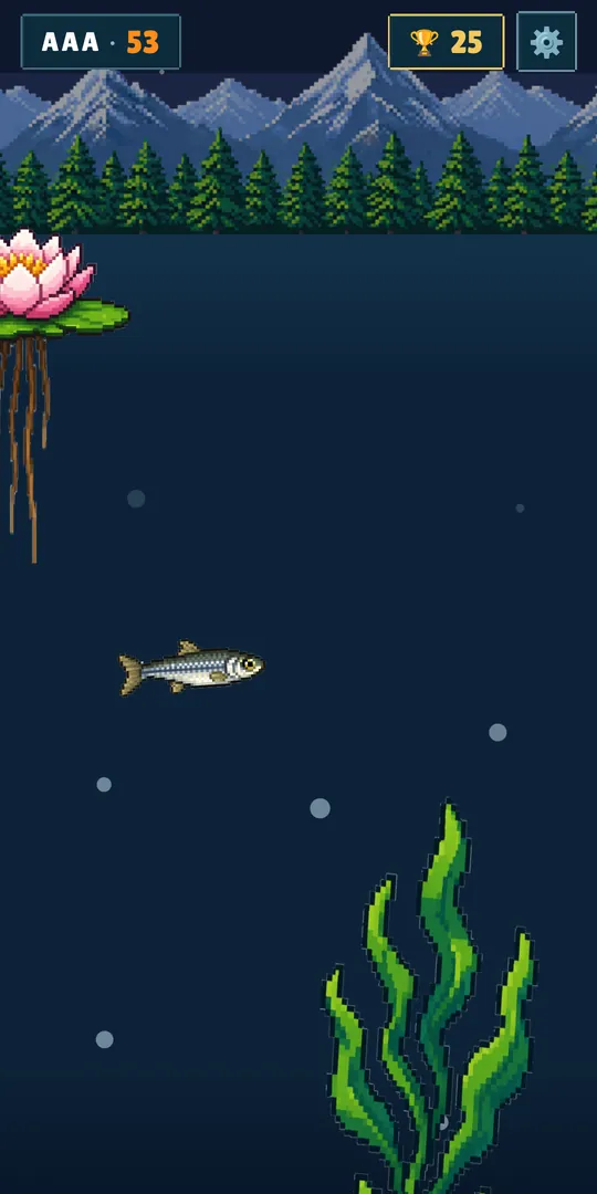 A night run in dark water: the minnow weaves between a water lily's roots and a stand of weeds.