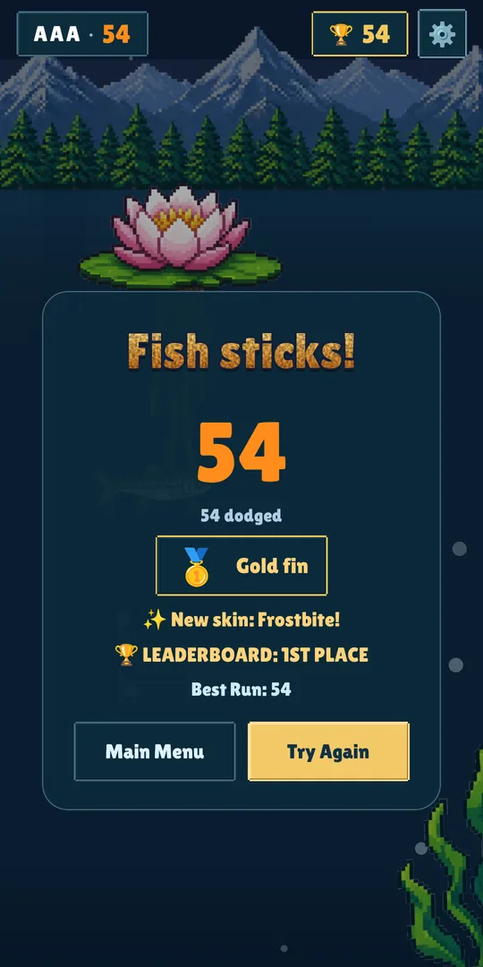 The game-over card, Fish sticks!, with a score of 54, a Gold fin medal, a new skin unlocked and first place on the leaderboard, and buttons for Main Menu and Try Again.
