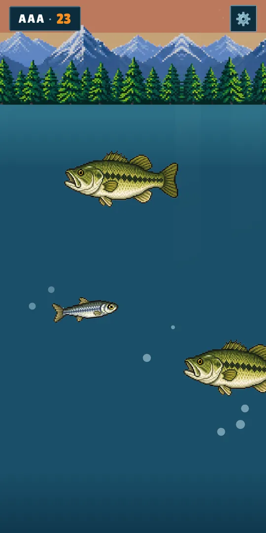 A dusk run under an orange sky: the minnow threads between two big bass.