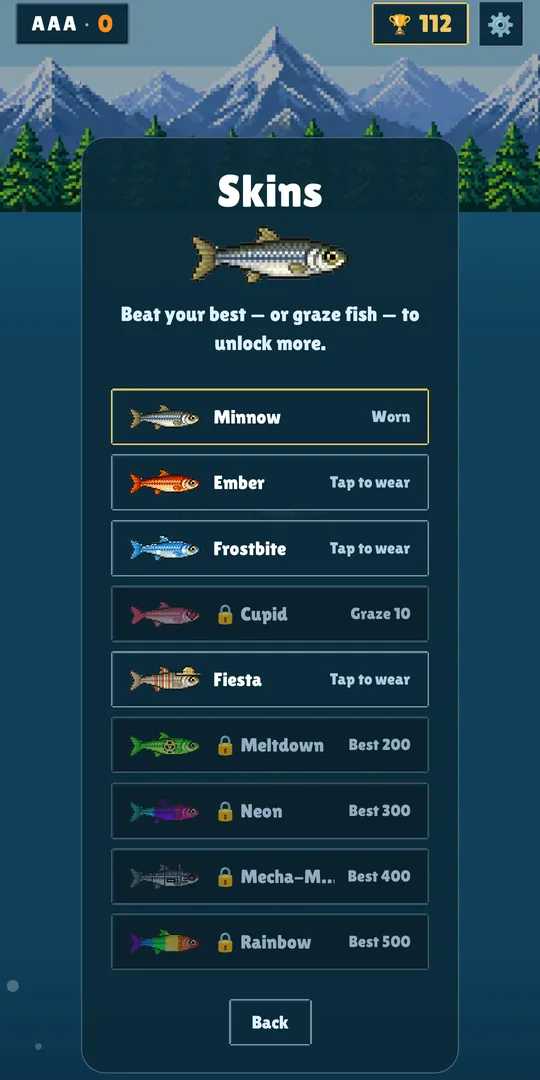 The Skins wardrobe: Minnow, Ember, Frostbite, Cupid, Fiesta, Meltdown, Neon, Mecha-Minnow and Rainbow, each unlocked by a best score or by grazing fish.