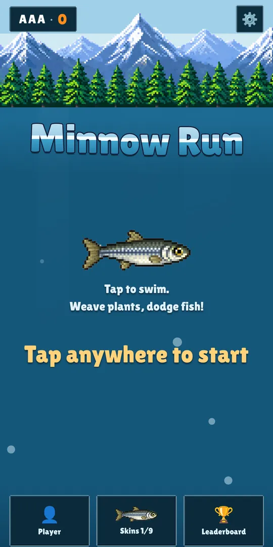 The main menu: the Minnow Run title over the minnow, Tap anywhere to start, and buttons for Player, Skins and Leaderboard.
