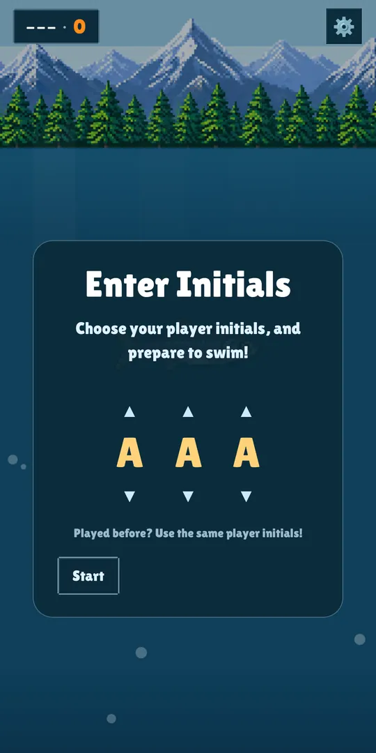 Enter Initials: three arcade letters, each with arrows to change it, and a reminder to use the same initials if you have played before.